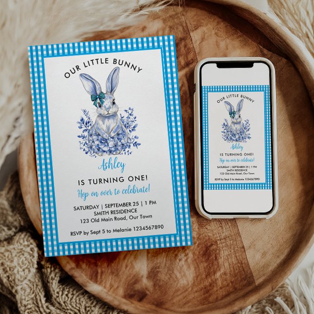  Blue Floral Rabbit 1st Birthday for Kids Invitation (Creator Uploaded)