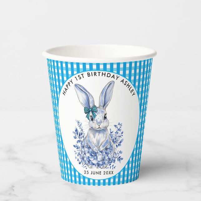  Blue Floral Rabbit 1st Birthday for Kids Paper Cups (Front)