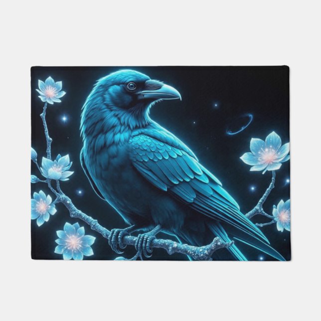 Blue Floral Raven Doormat (Front)