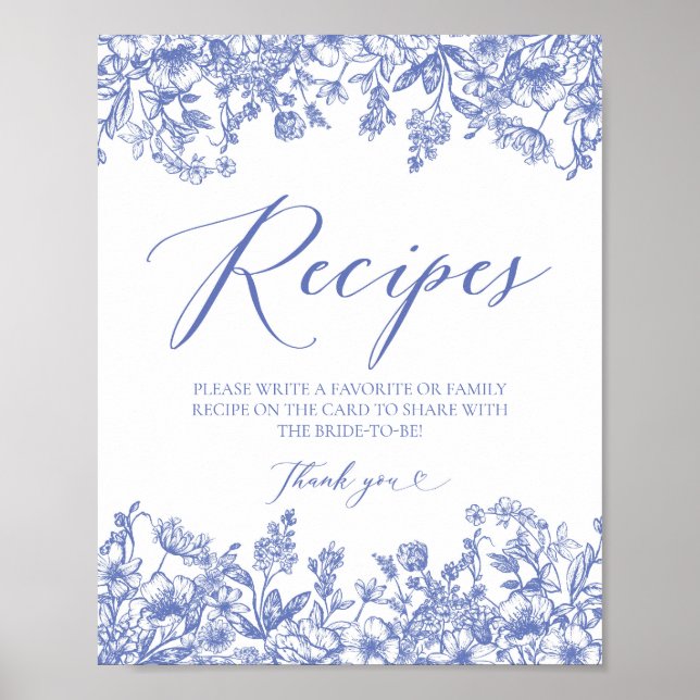 Blue Floral Recipe Cards Sign Leave Your Recipe (Front)