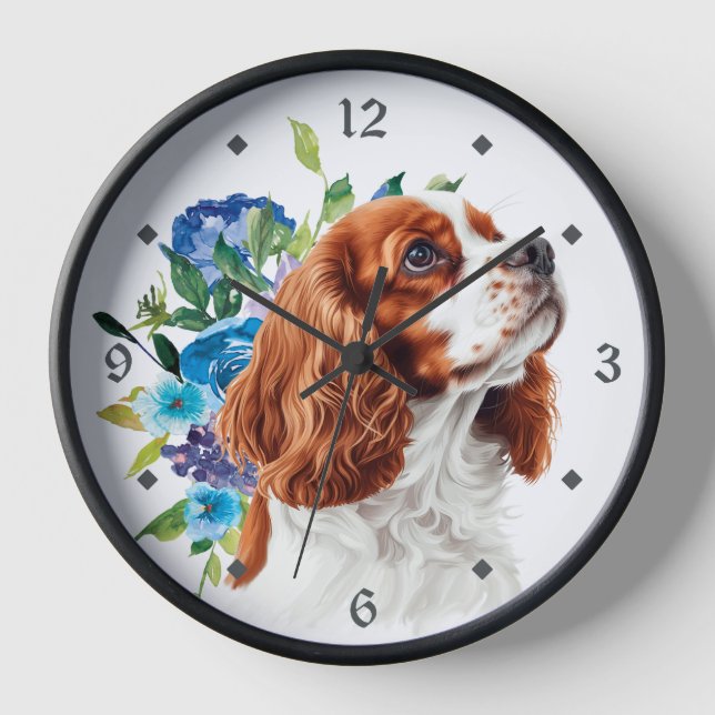 Blue Floral Red Cavalier King Charles Spaniel Dog Clock (Front)