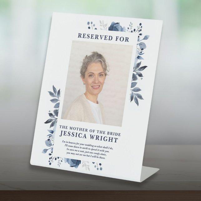 Blue Floral Reserved Save A Seat Photo Wedding Pedestal Sign (Blue Floral Reserved Save A Seat Photo Wedding Pedestal Sign)