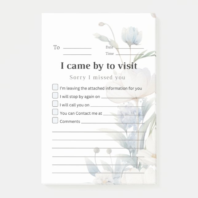 Blue Floral Return Visit Sticky Note - Solid Line (Front)