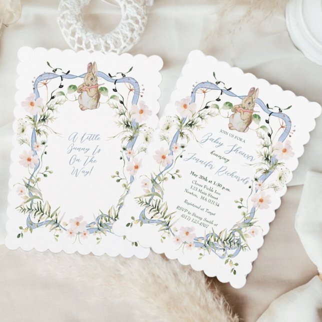 Blue Floral Ribbon Baby Bunny Baby Shower  Invitation (Creator Uploaded)