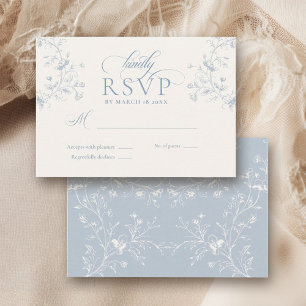 Blue Floral Romantic Calligraphy Garden Wedding RSVP Card