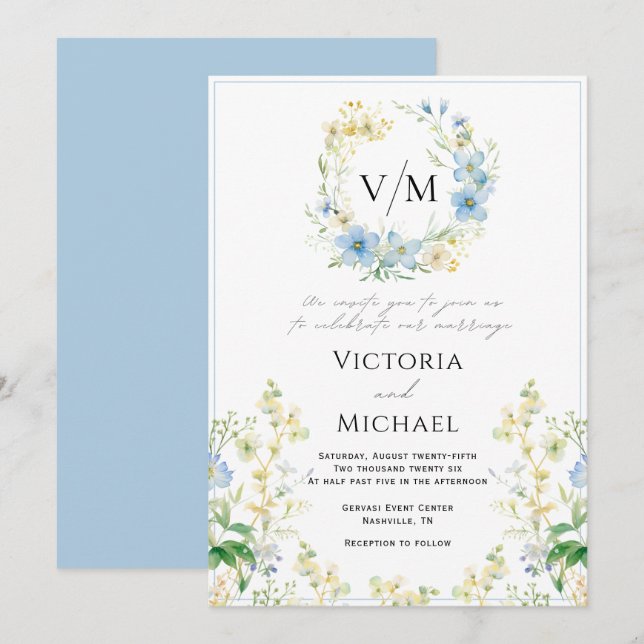 Blue Floral Romantic Elegant Wedding Invitation (Front/Back)