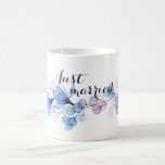 Blue Floral Romantic Just Married Coffee Mug<br><div class="desc">Romantic White Coffee Mug Just Married with blue watercolor flowers.
Perfect for your wedding</div>