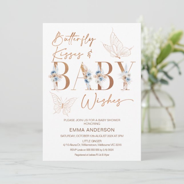 Blue Floral Rose Gold Butterfly kisses Baby Shower Invitation (Standing Front)