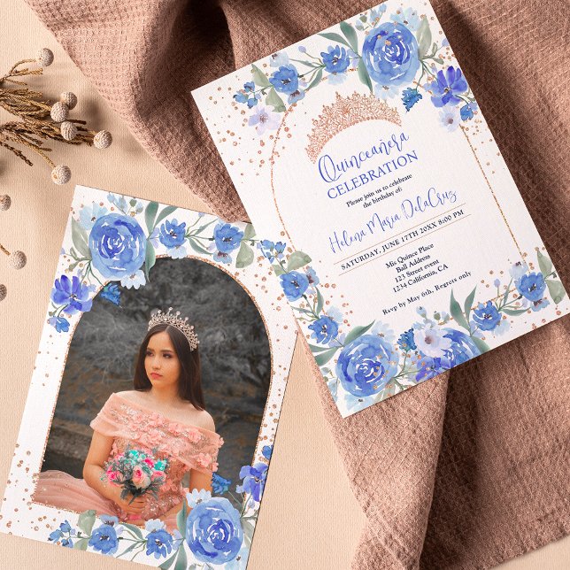 Blue floral Rose gold tiara princess Quinceanera Invitation (Creator Uploaded)