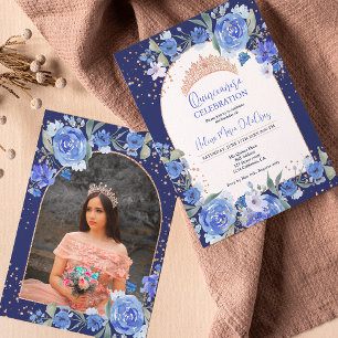 Blue floral Rose gold tiara princess Quinceanera Invitation