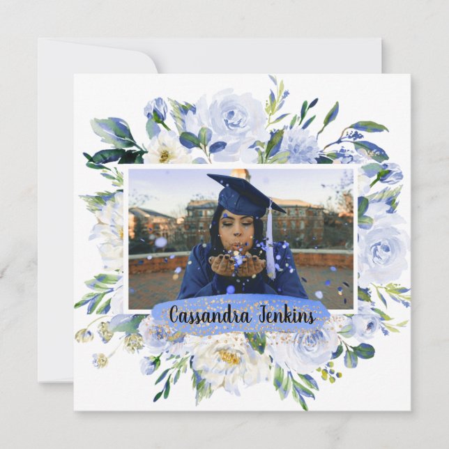 Blue Floral Rose Graduation Party Announcement  (Front)