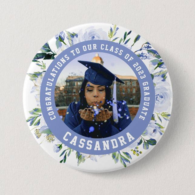 Blue Floral Rose Graduation Photo Button (Front)