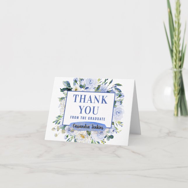 Blue Floral Rose Graduation  Thank You Card (Front)
