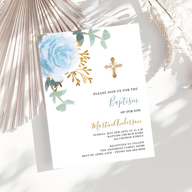 Blue floral rose greenery gold cross boy baptism invitation postcard (Creator Uploaded)