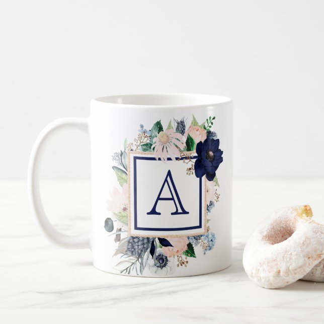 Blue Floral Rose Monogram  Coffee Mug (With Donut)