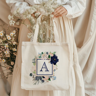 Blue Floral Rose Monogram Tote Bag