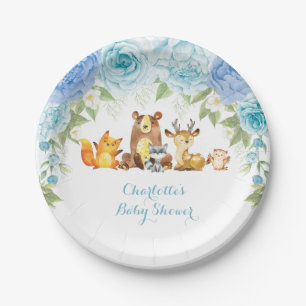 Blue Floral Rose Woodland Forest Boy Baby Shower Paper Plate