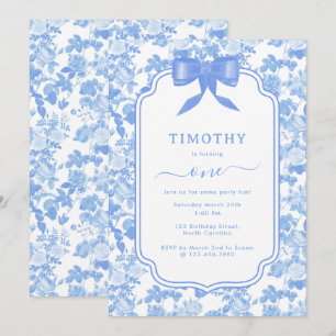 Blue Floral Roses Chinoiserie 1st Boy Birthday Invitation