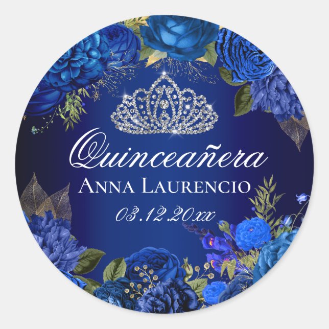 Blue Floral Roses Diamond Tiara Quinceanera Classic Round Sticker (Front)