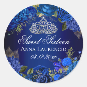 Blue Floral Roses Diamond Tiara Sweet 16 Classic Round Sticker