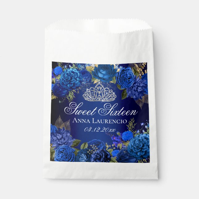 Blue Floral Roses Sweet Sixteen Party Favour Bag (Front)