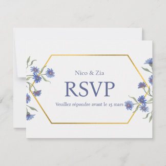 Blue Floral RSVP Card – Elegant Gold Geometric Wed
