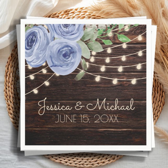 Blue Floral Rustic Wood String Lights Wedding Napkin (Dusty blue watercolor floral and rustic wood with string lights wedding paper napkins)