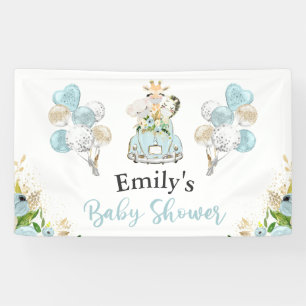Blue Floral Safari Animals Drive By Baby Shower Banner