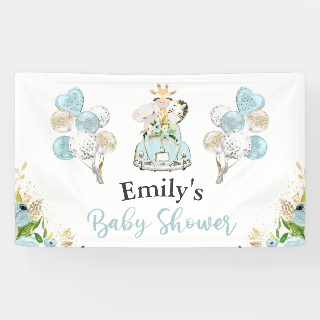 Blue Floral Safari Animals Drive By Baby Shower Banner (Horizontal)