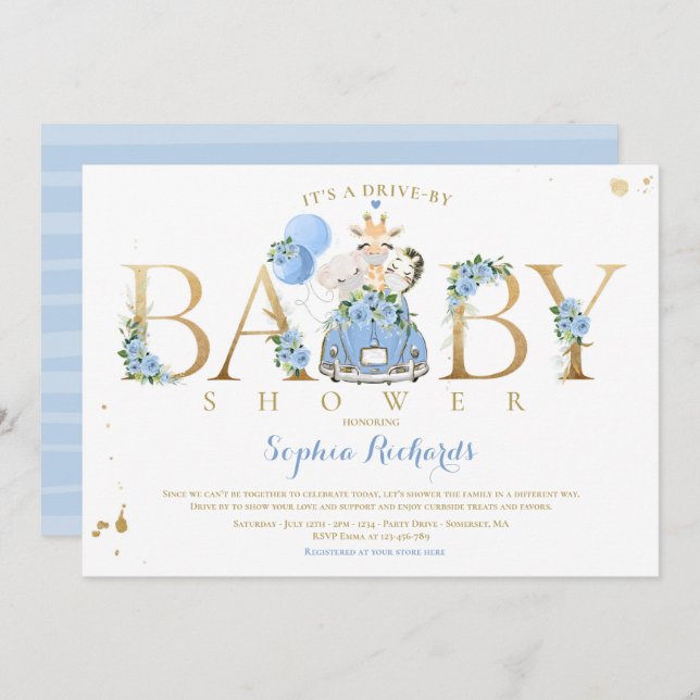 Blue Floral Safari Animals Drive By Baby Shower Invitation (Front/Back)