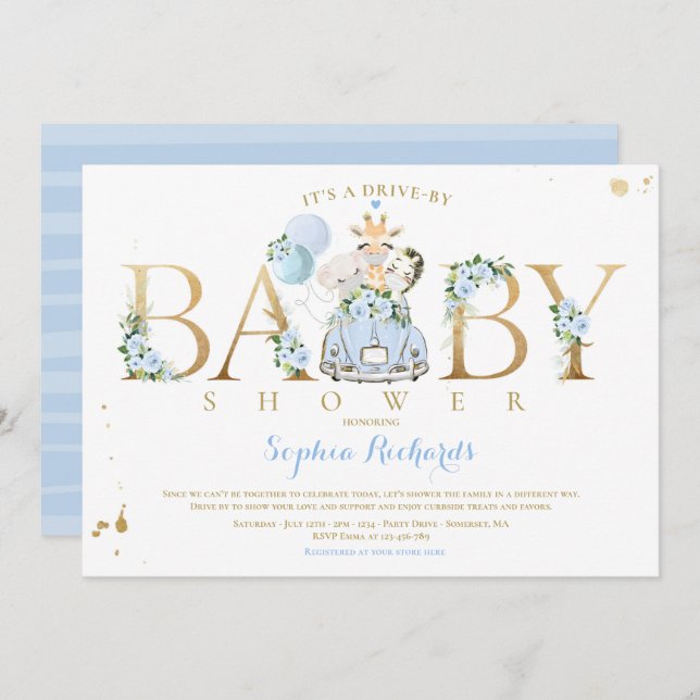 Blue Floral Safari Animals Drive By Baby Shower Invitation (Front/Back)