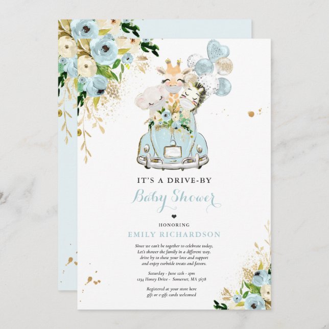 Blue Floral Safari Animals Drive By Baby Shower Invitation (Front/Back)