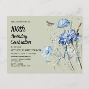 Blue Floral Sage Green Women's 100th Birthday Invitation Postcard