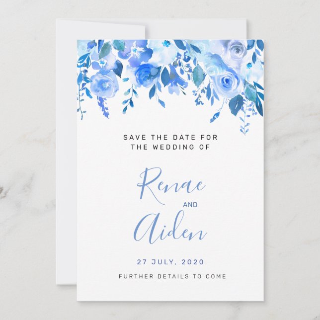 Blue floral save the date, blue floral wedding date (Front)
