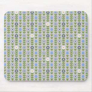 Blue Floral Scandinavian Folk Pattern Mouse Pad