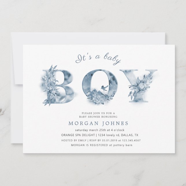 blue floral script baby shower invitation (Front)