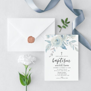 blue floral script baptism invitation