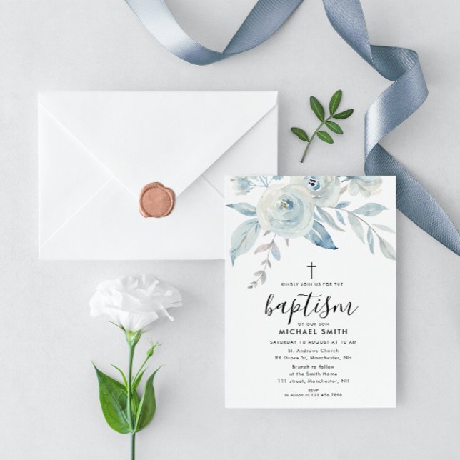 blue floral script baptism invitation (Creator Uploaded)