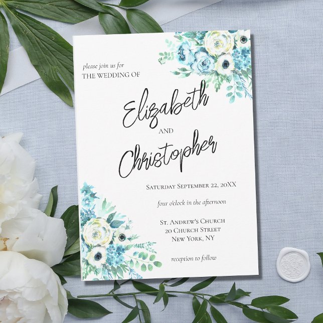 Blue Floral Script Calligraphy Elegant Wedding Invitation (Creator Uploaded)