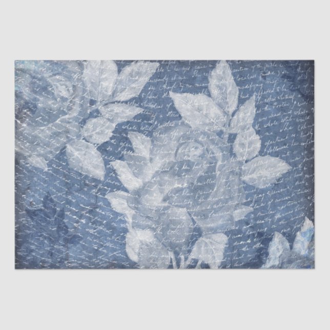 Blue Floral Script Decoupage Tissue Paper (Front)