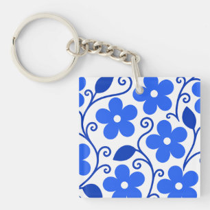 Blue Floral Seamless Pattern Key Ring