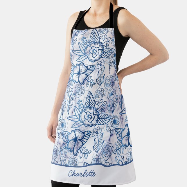Blue floral seamless pattern personalised name  apron (Insitu)