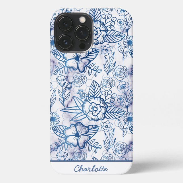 Blue floral seamless pattern personalised name iPhone case (Back)