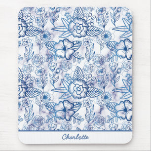 Blue floral seamless pattern personalised name mouse pad