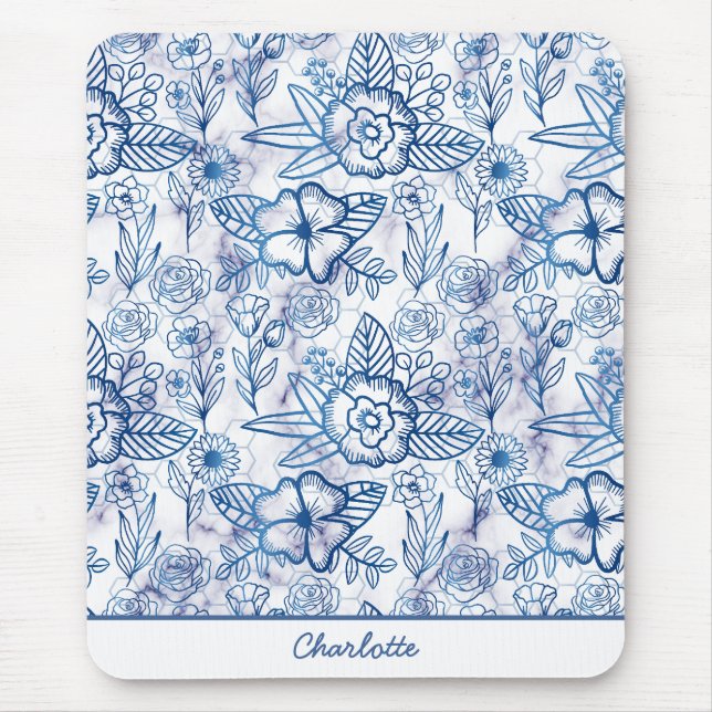 Blue floral seamless pattern personalised name mouse pad (Front)