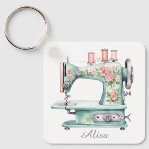Blue Floral Sewing Machine Keychain 