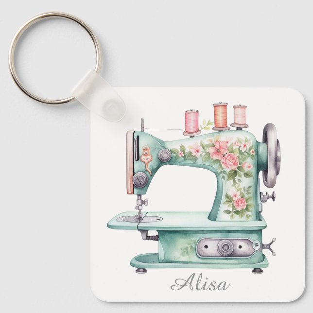 Blue Floral Sewing Machine Keychain  (Front)
