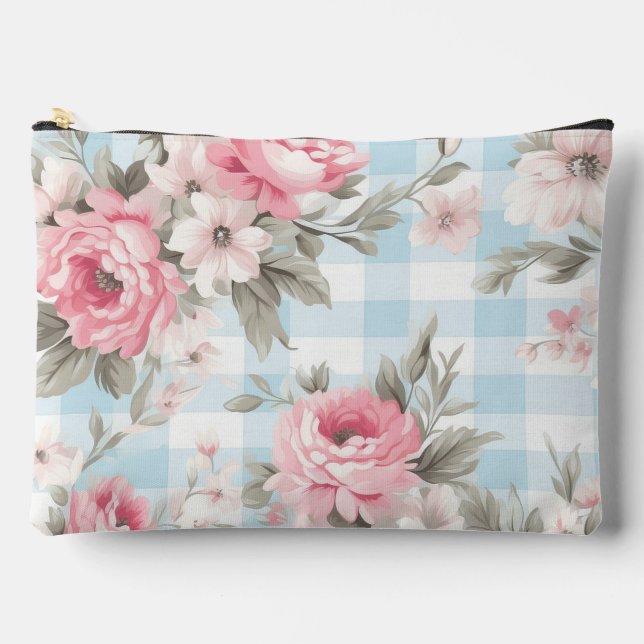 Blue floral shabby chic pattern accessory pouch (Front)