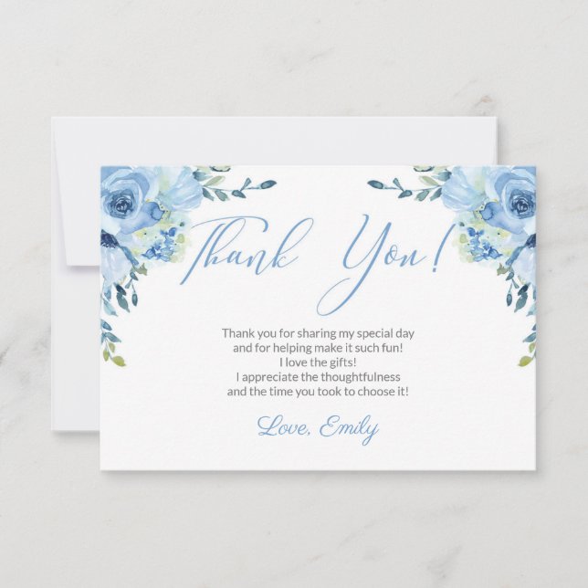 Blue floral silver bridal shower thank you card (Front)