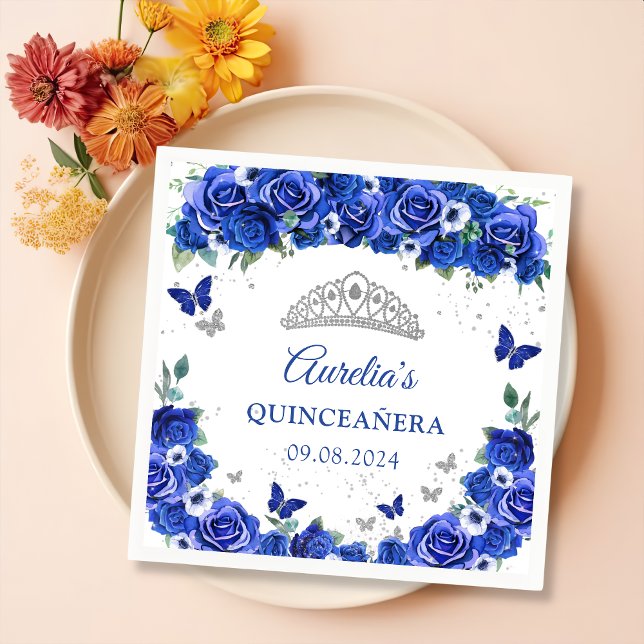 Blue Floral Silver Butterflies Quinceanera Napkins (Creator Uploaded)